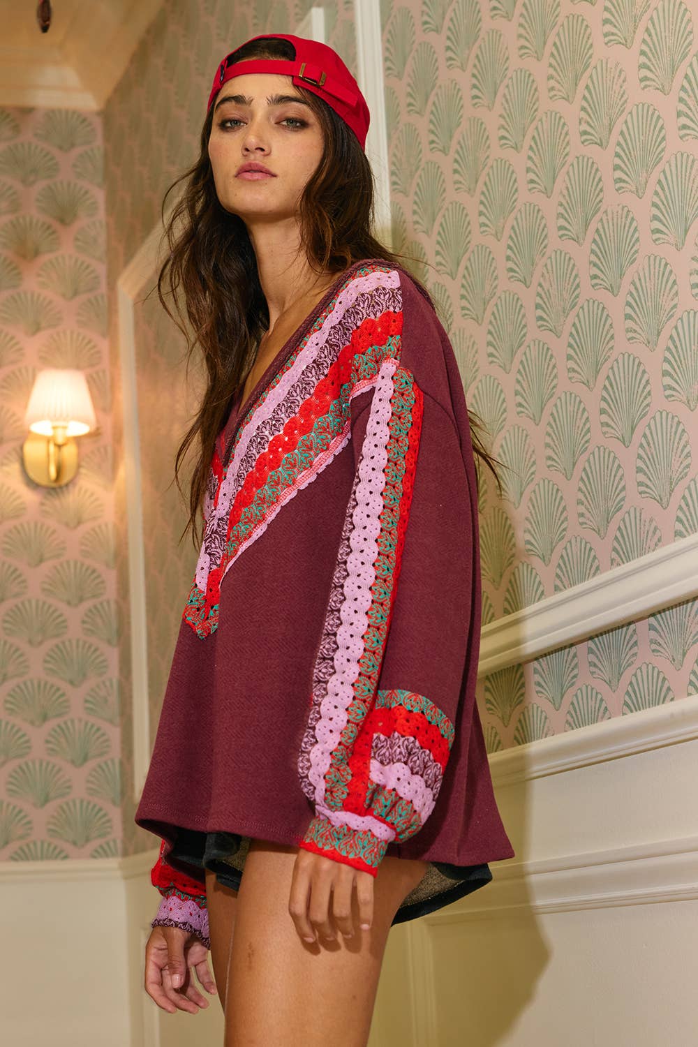 Crochet Lace Contrast Details V-neck Terry Top