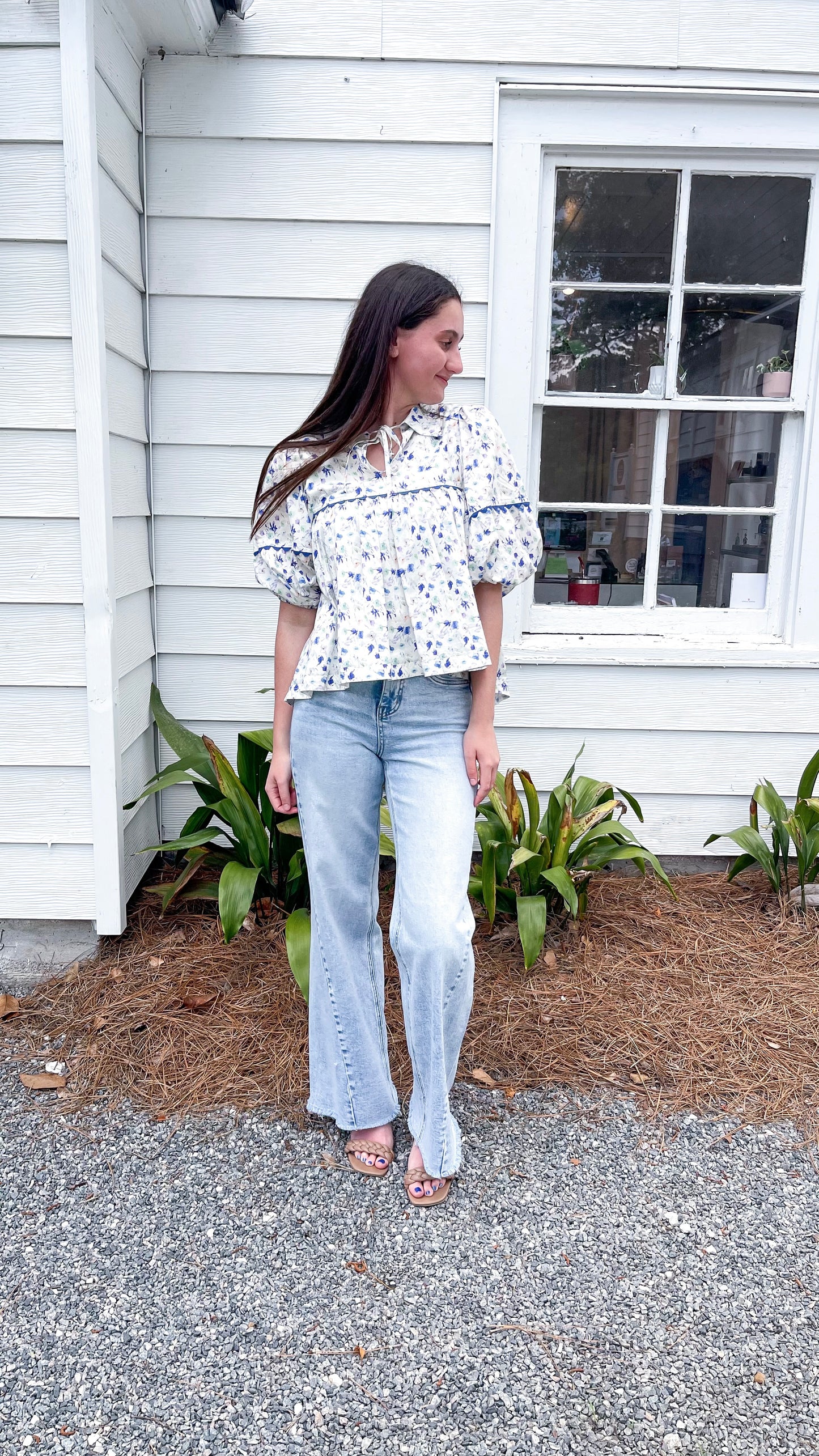 Aegean Bloom Long Sleeve Collar Top