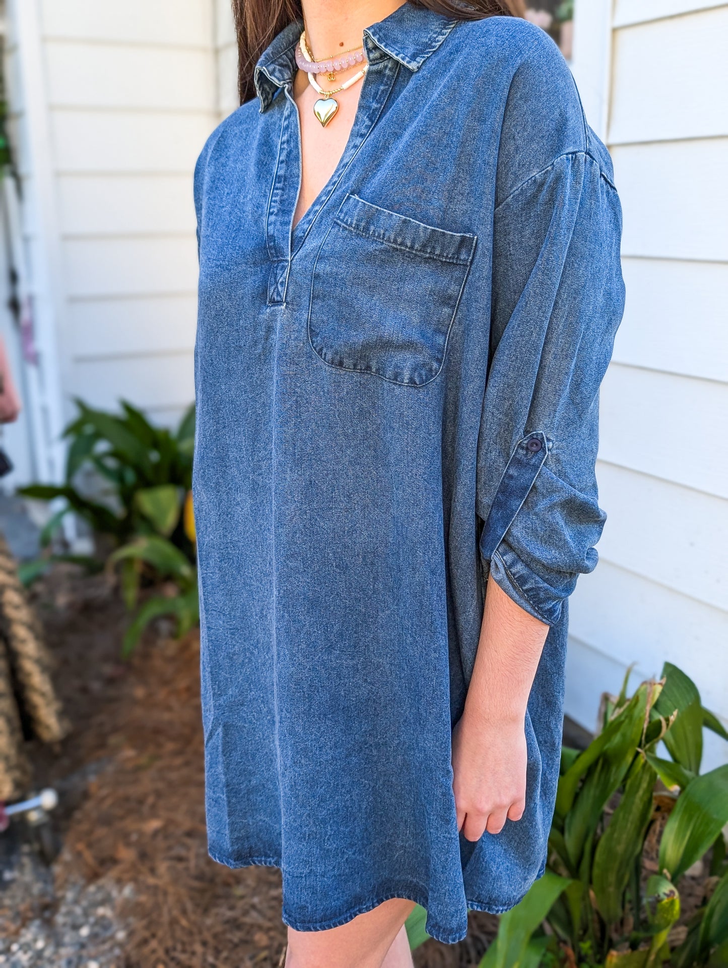 It’s Pouring Collar Dark Chambray Denim Dress with Front Pocket