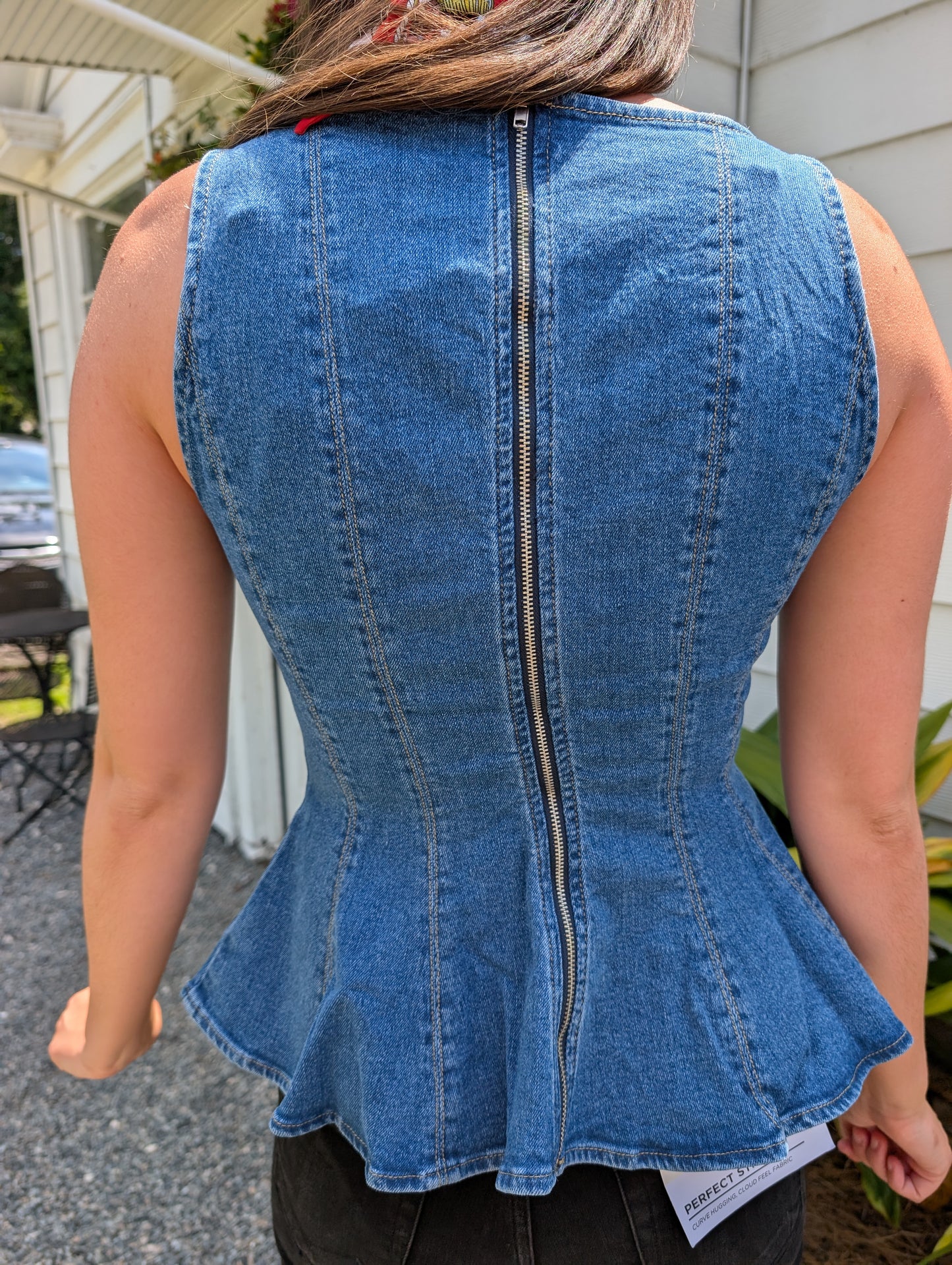 Washed Denim Princess Seam Peplum Top