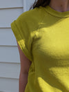 Showing front of Wesley Lime Short Sleeve Sweatshirt, short rolled sleeves higher neckline. 