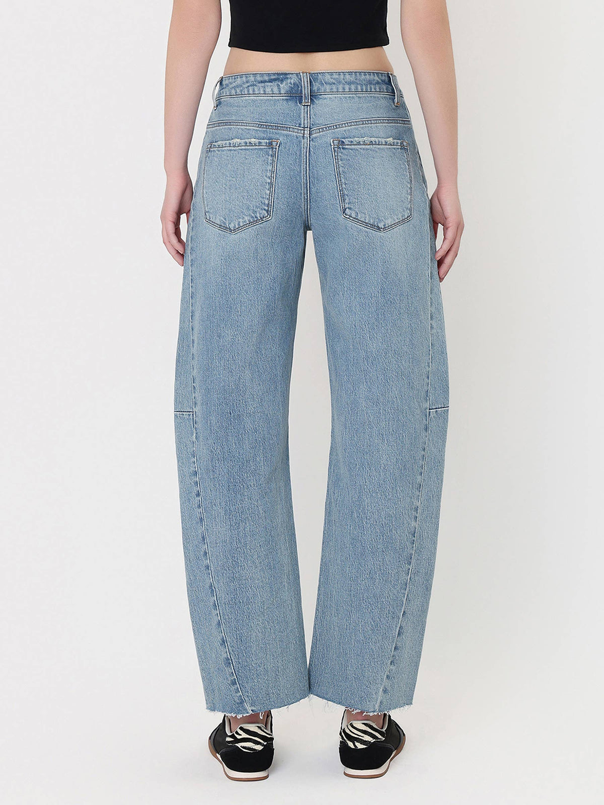 High Rise Raw Hem Paneied Seams Barrel Jeans