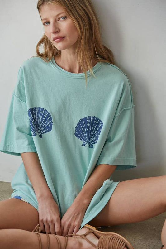 Knit Cotton Graphic Shell Print Crew Oversized Top