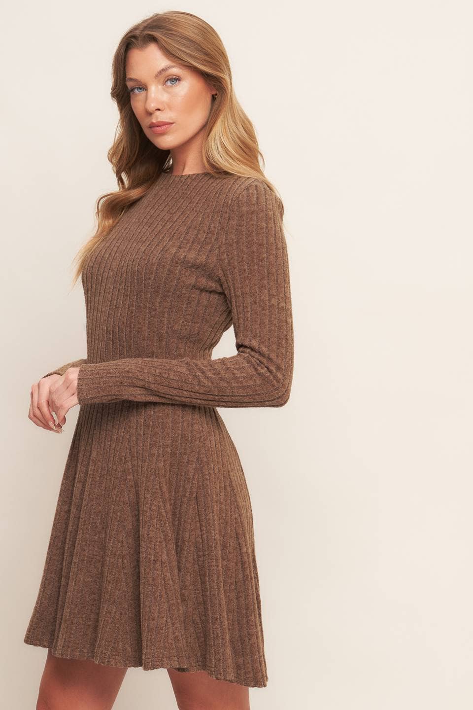 Brown Brushed Ribbed Knit Mini Dress