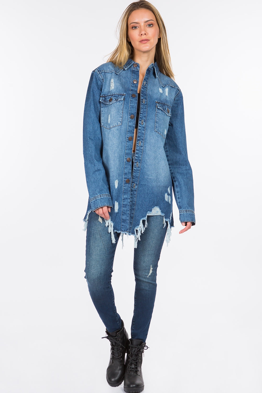 American Bazi Distressed Frayed Hem Denim Jacket IN STORE