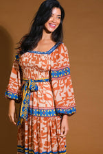 Blue and Orange Print Midi Tie Waist Dress