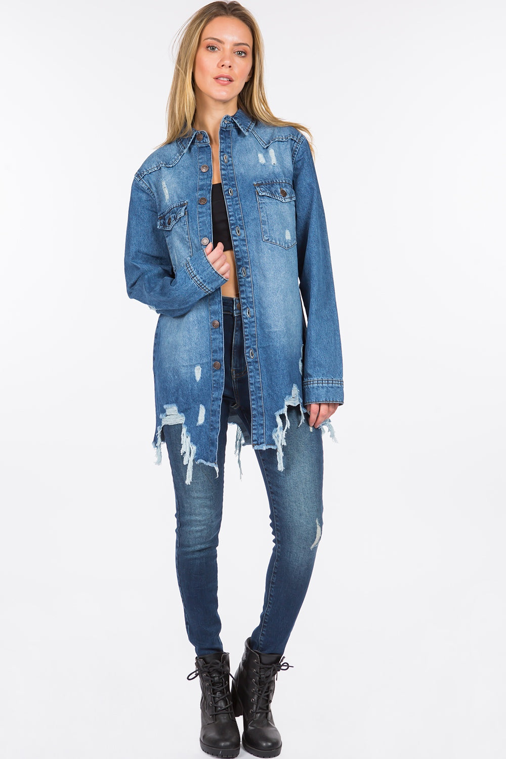 American Bazi Distressed Frayed Hem Denim Jacket IN STORE