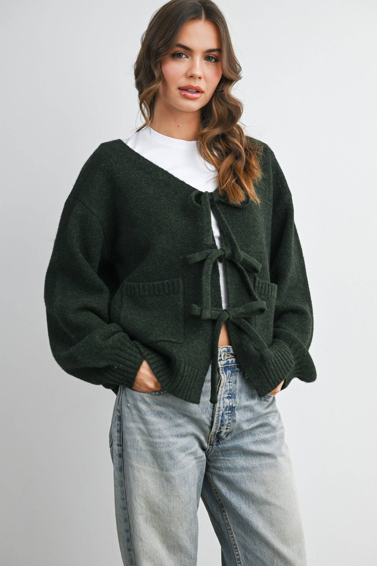 Knot Front Long Sleeve V-Neck Cardigan