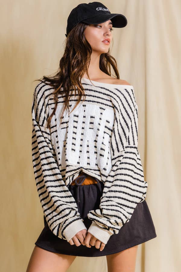 'GEORGIA' Graphic Black and White Textured Stripe Sweatshirt Top