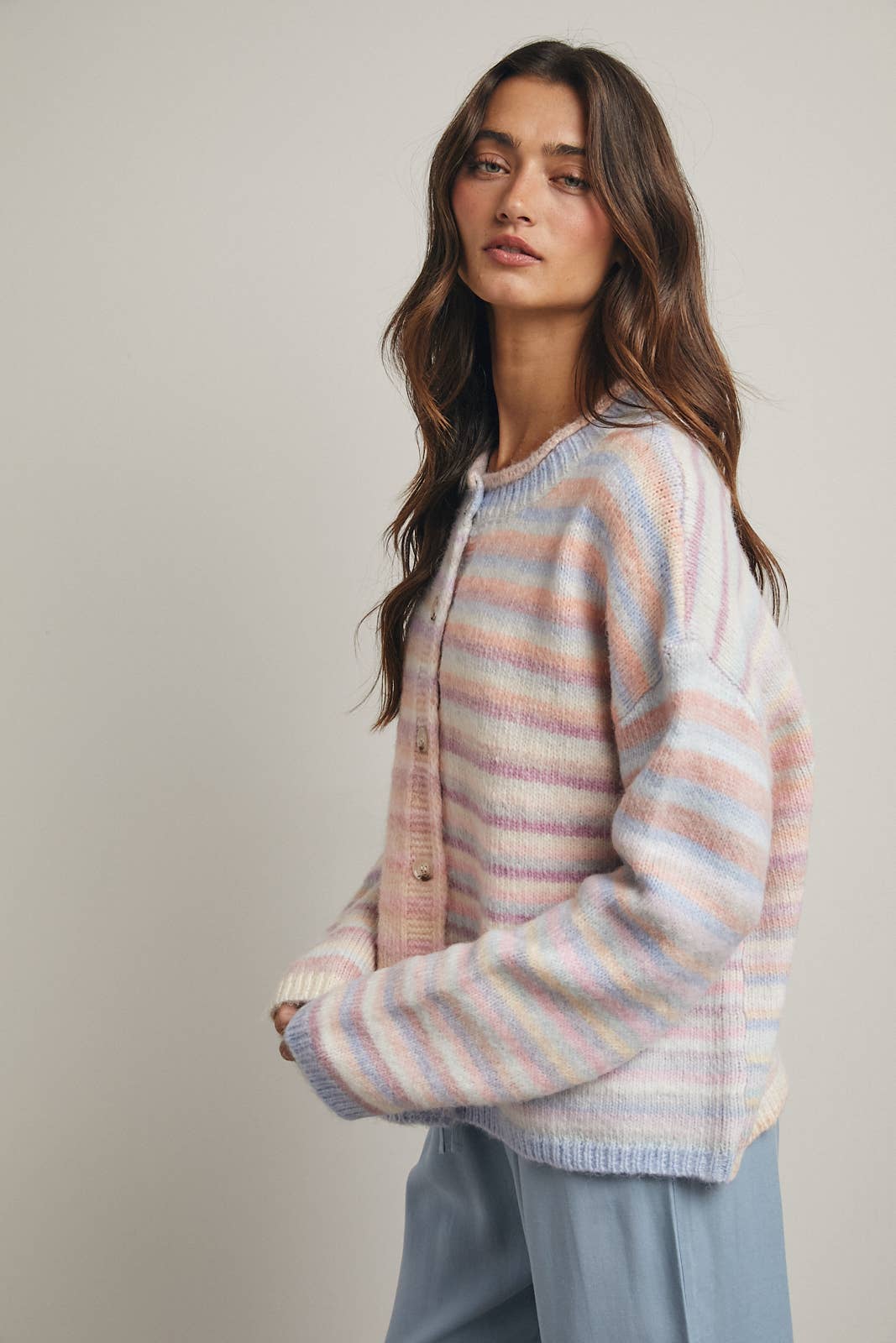 Rainbow Button-Up Knit Sweater Cardigan