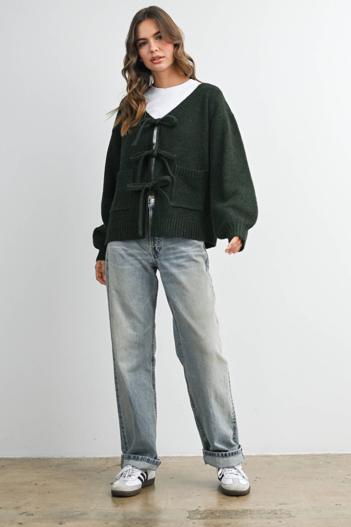 Knot Front Long Sleeve V-Neck Cardigan