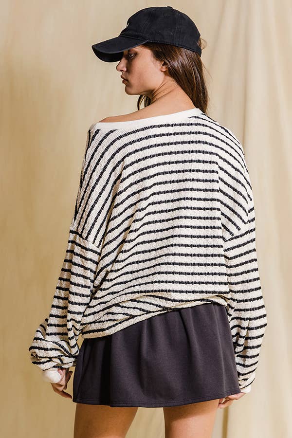 'GEORGIA' Graphic Black and White Textured Stripe Sweatshirt Top