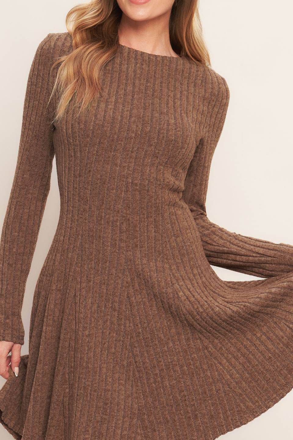 Brown Brushed Ribbed Knit Mini Dress