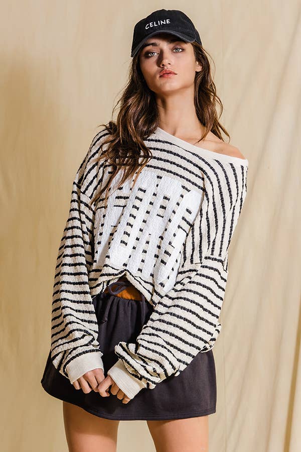 'GEORGIA' Graphic Black and White Textured Stripe Sweatshirt Top