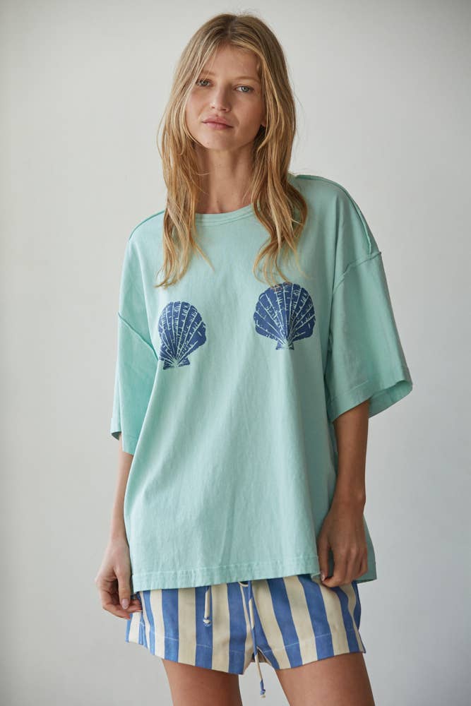 Knit Cotton Graphic Shell Print Crew Oversized Top