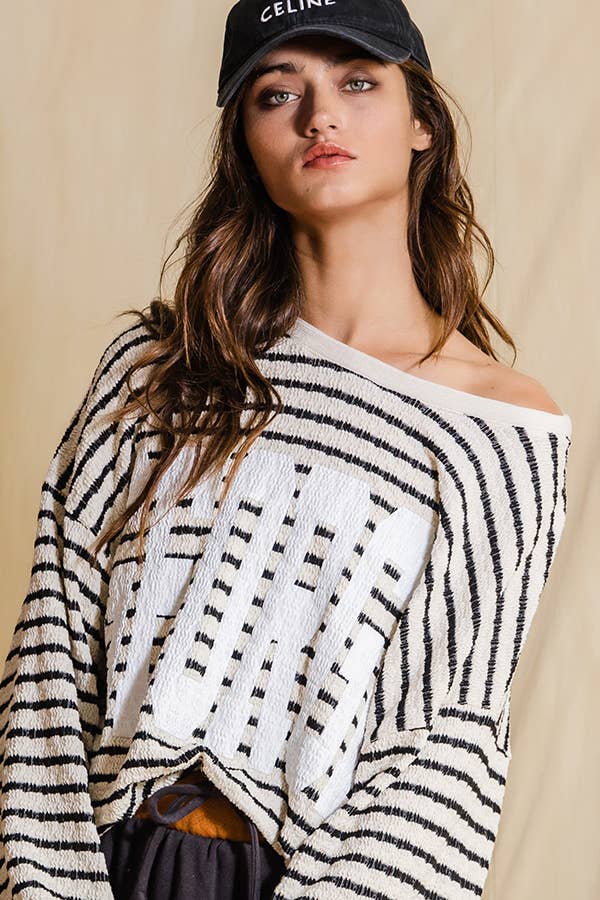 'GEORGIA' Graphic Black and White Textured Stripe Sweatshirt Top