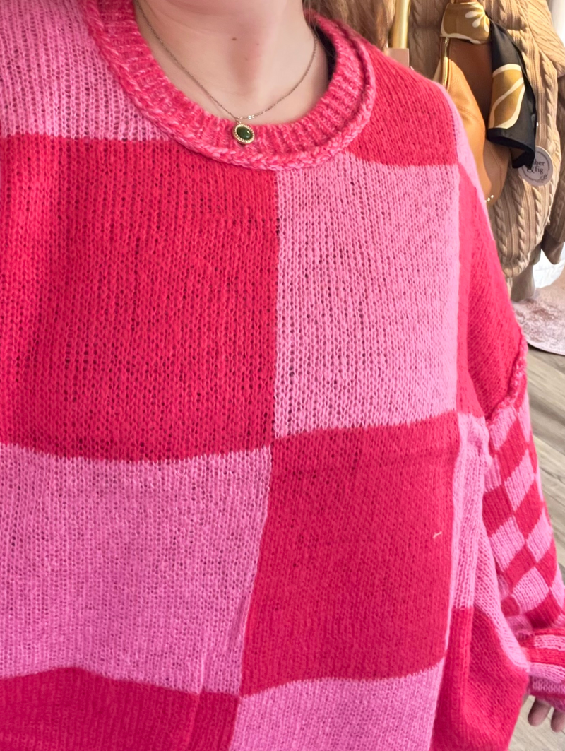Pink and Fuchsia Oversize sweater with checkered design