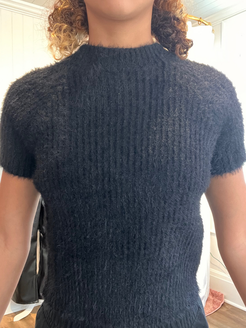 Black fuzzy short sleeve ribbed sweater
