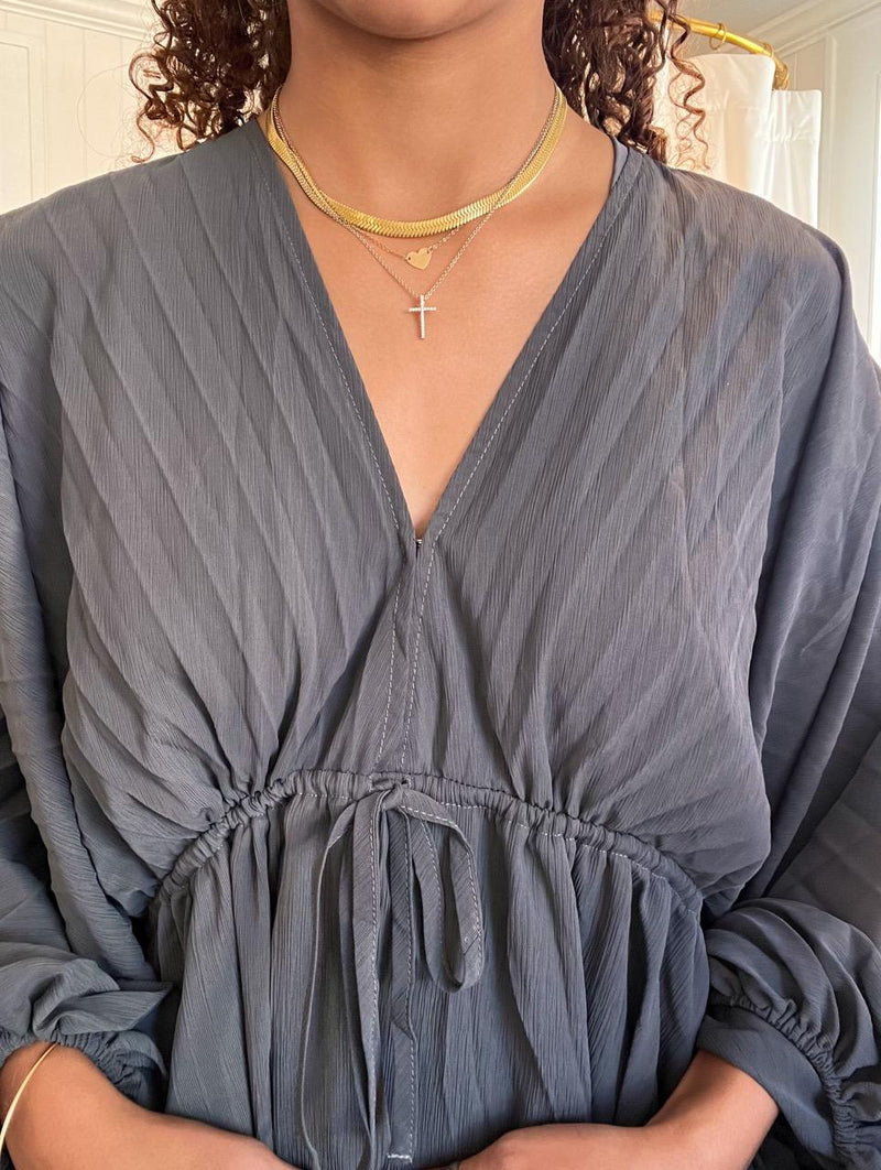 Dark grey deep v neck chiffonbishop sleeve mini dress