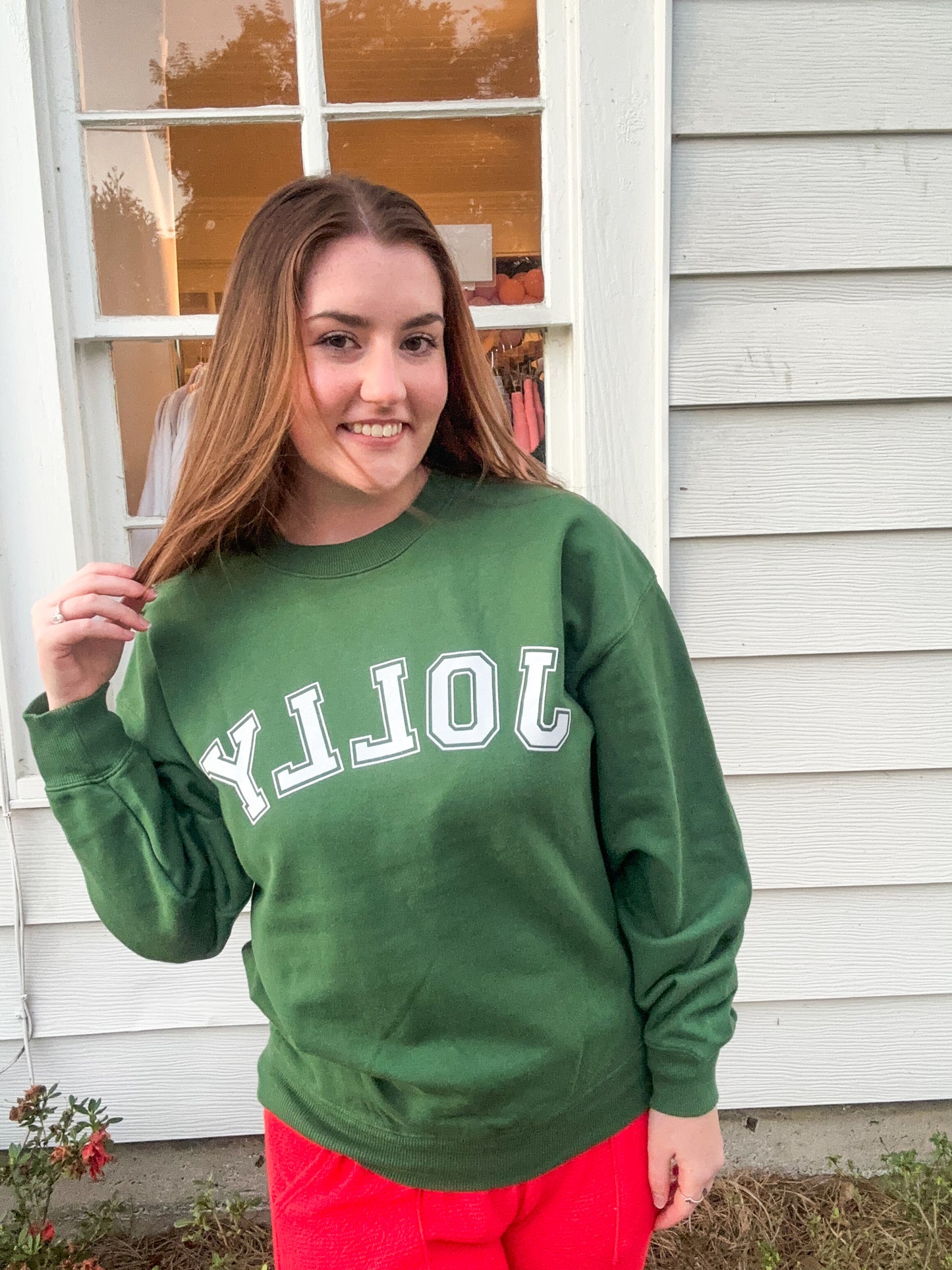 Dark Green Sweatshirt with White Jolly Stencil Graphic