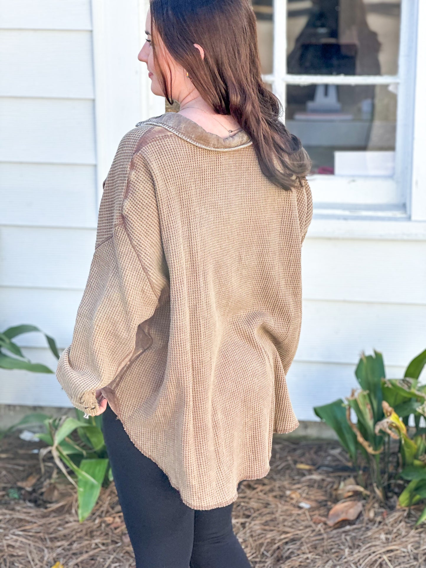 Slouchy Coffee Waffle Knit Button Up Shirt