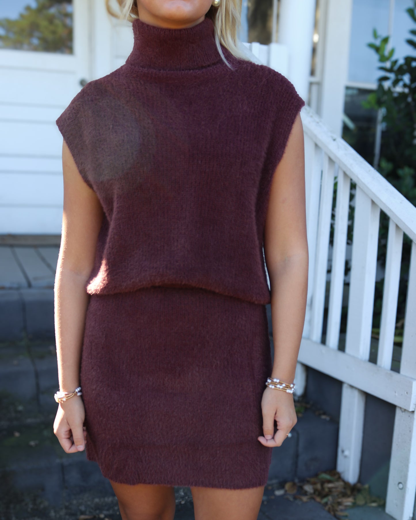Burgundy Fuzzy Sweater Top with Cap Sleeves