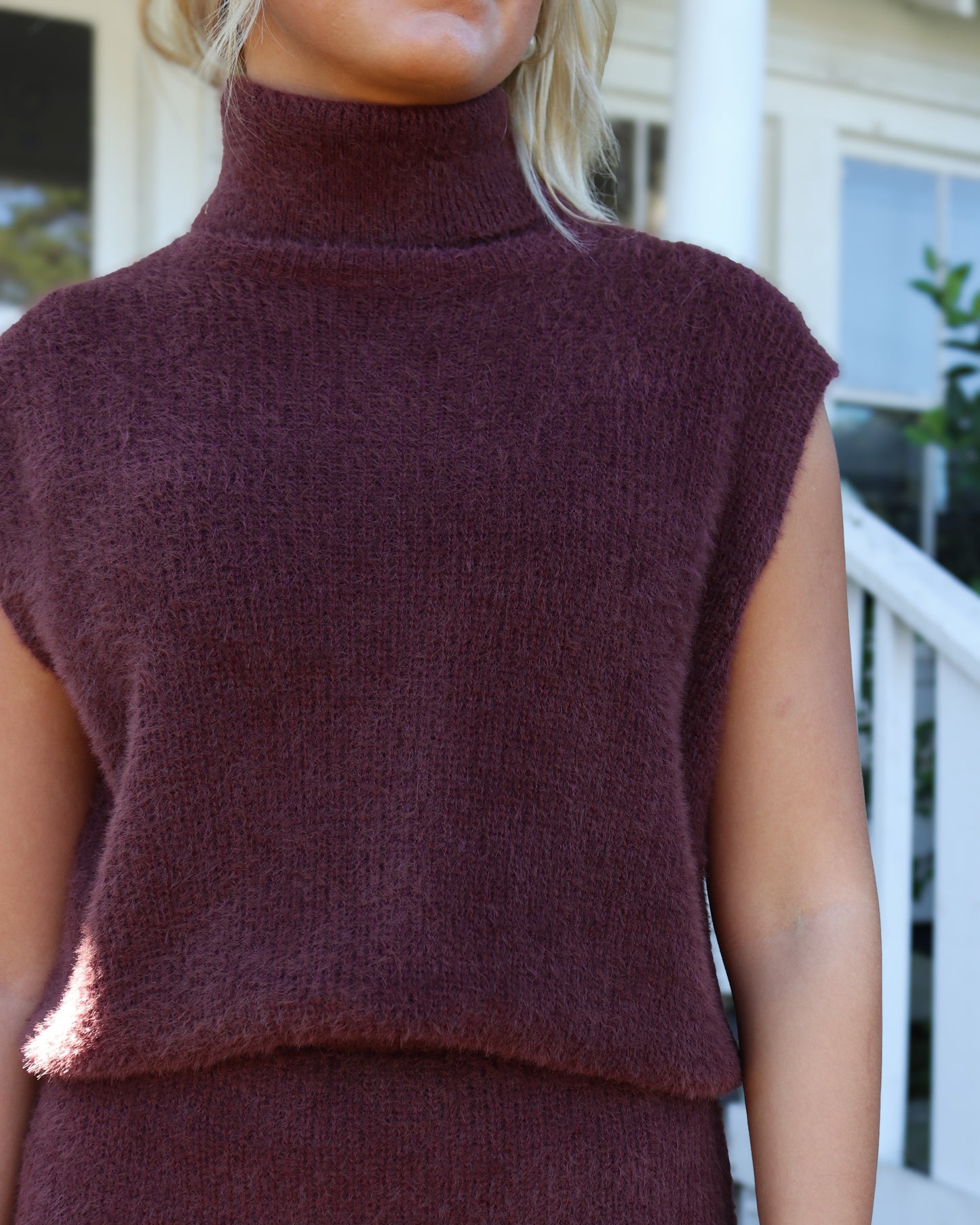 Burgundy Fuzzy Sweater Top with Cap Sleeves