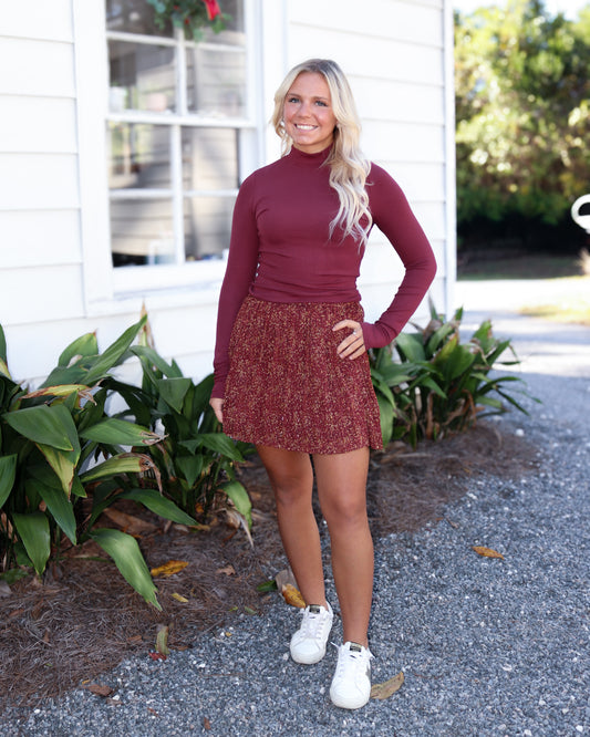 Burgundy Mock Neck Long-Sleeve Top with Thumbholes
