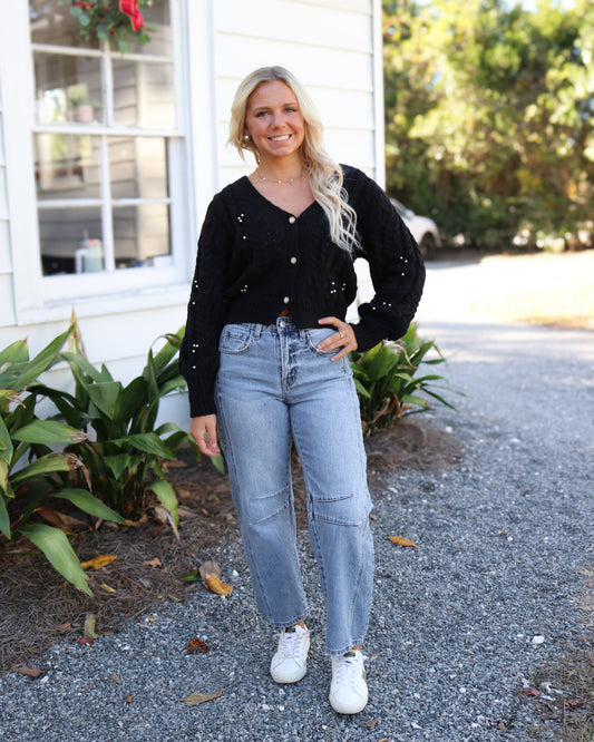 Bejeweled Pearl Cardigan in Black