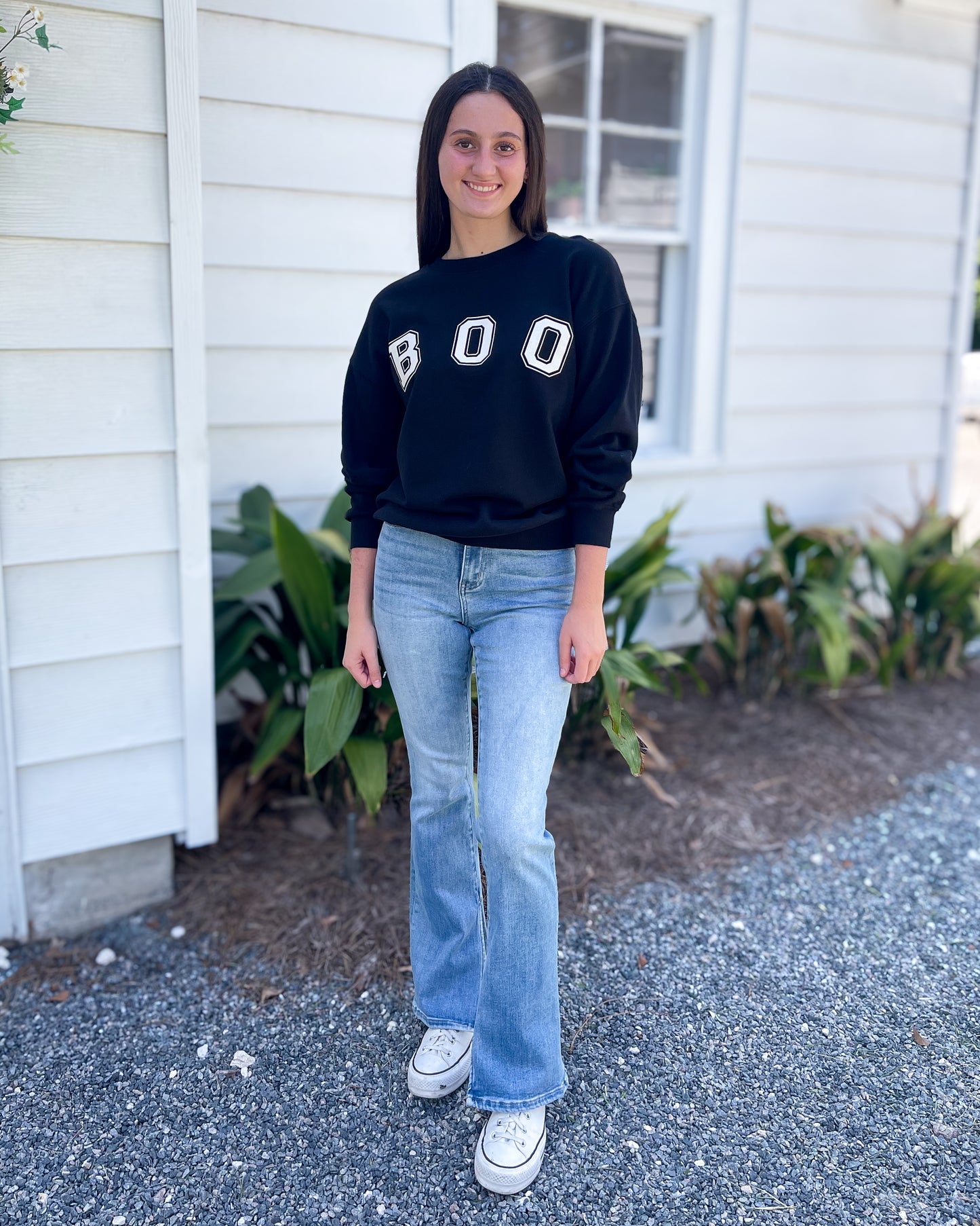 White Boo Stencil Lettering Graphic Sweatshirt