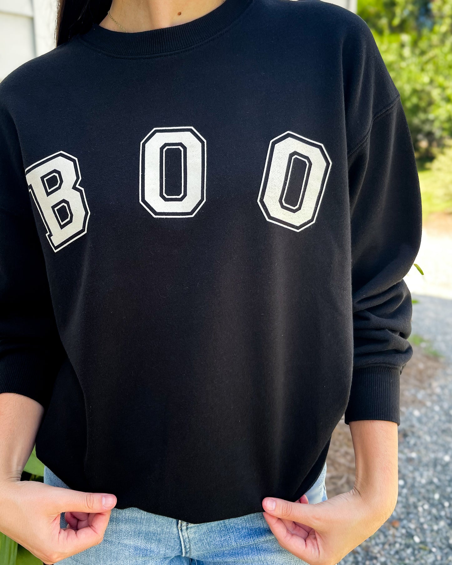 White Boo Stencil Lettering Graphic Sweatshirt