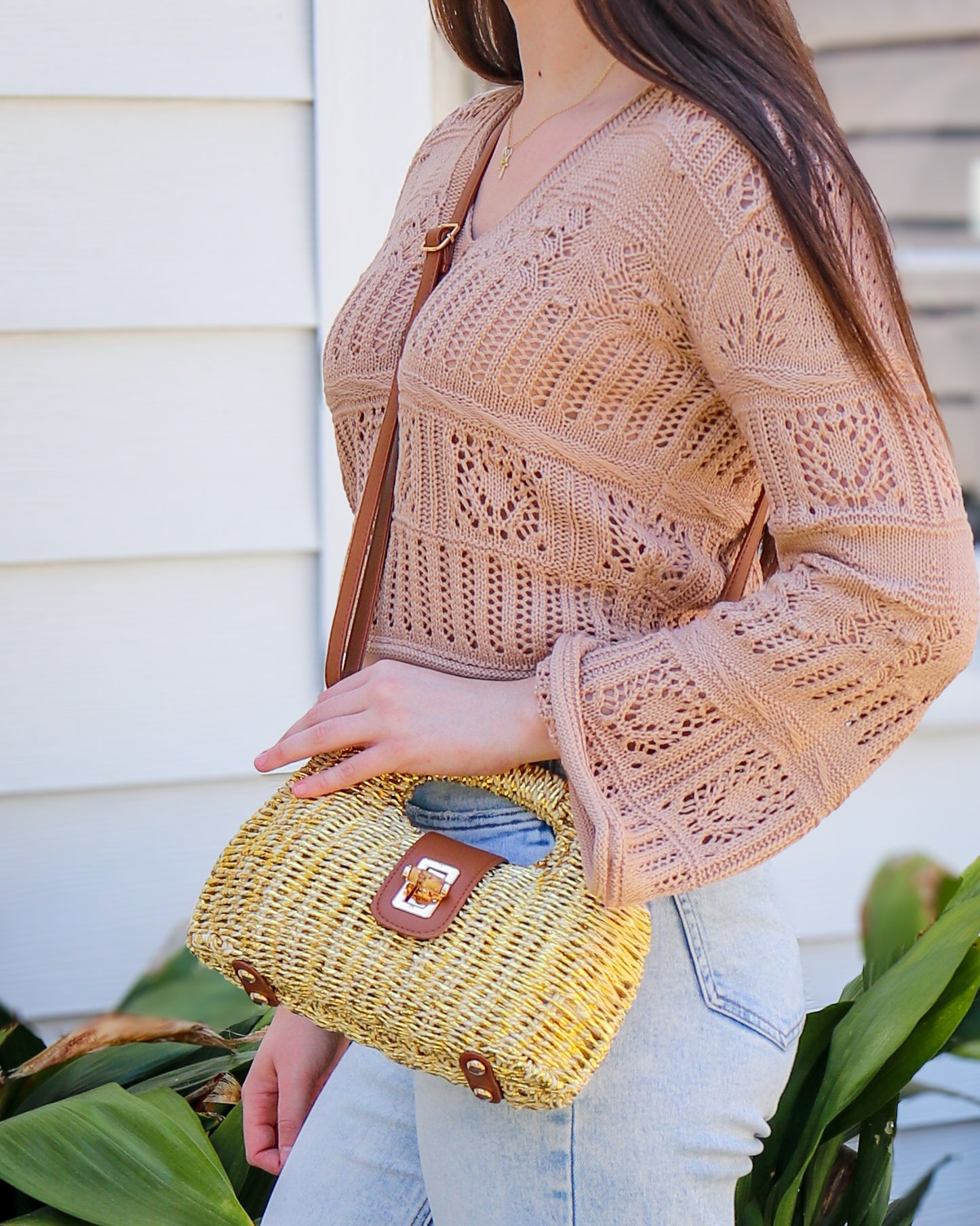 Bamboo Turn Lock Wicker Bag