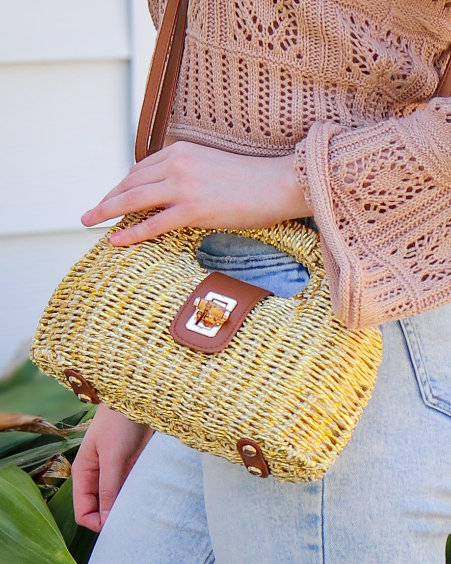 Bamboo Turn Lock Wicker Bag