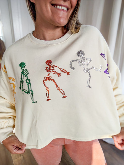 Cream sequin dancing skeleton cropped sweatshirt