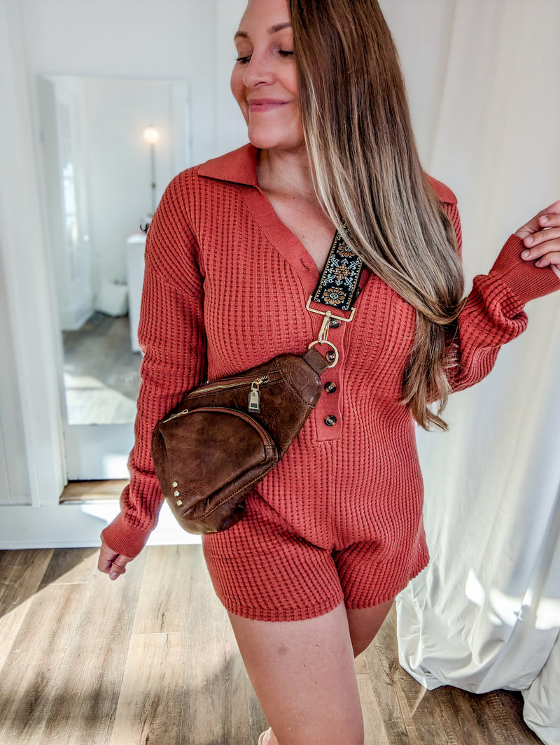 Brick knit long sleeve collared romper 