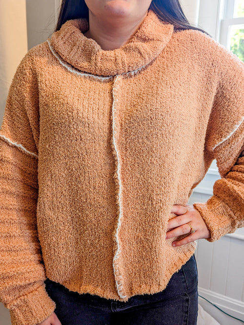 Apricot Textured Turtle Neck Sweater with White Detailing