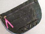 black puff belt bag with front zipper