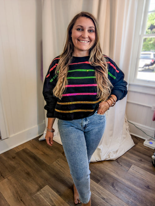 Black Multi  Color Sequin Sweater With Rainbow Details