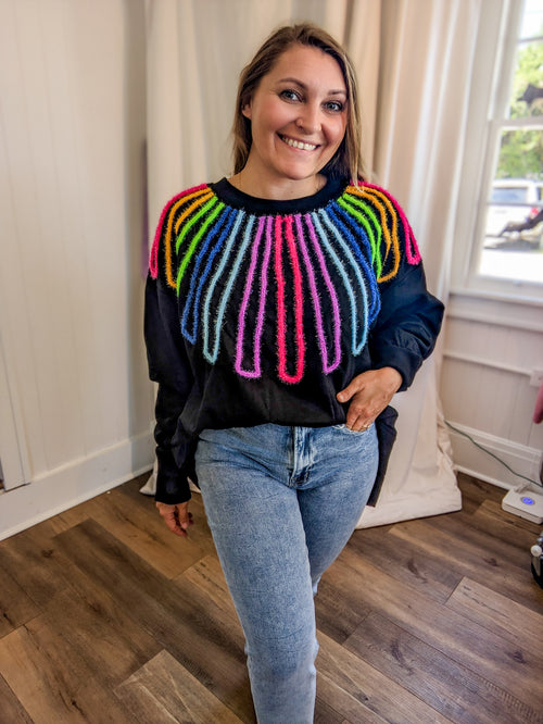 French Terry Loose Fit Long Sleeve Top With Rainbow Glitter