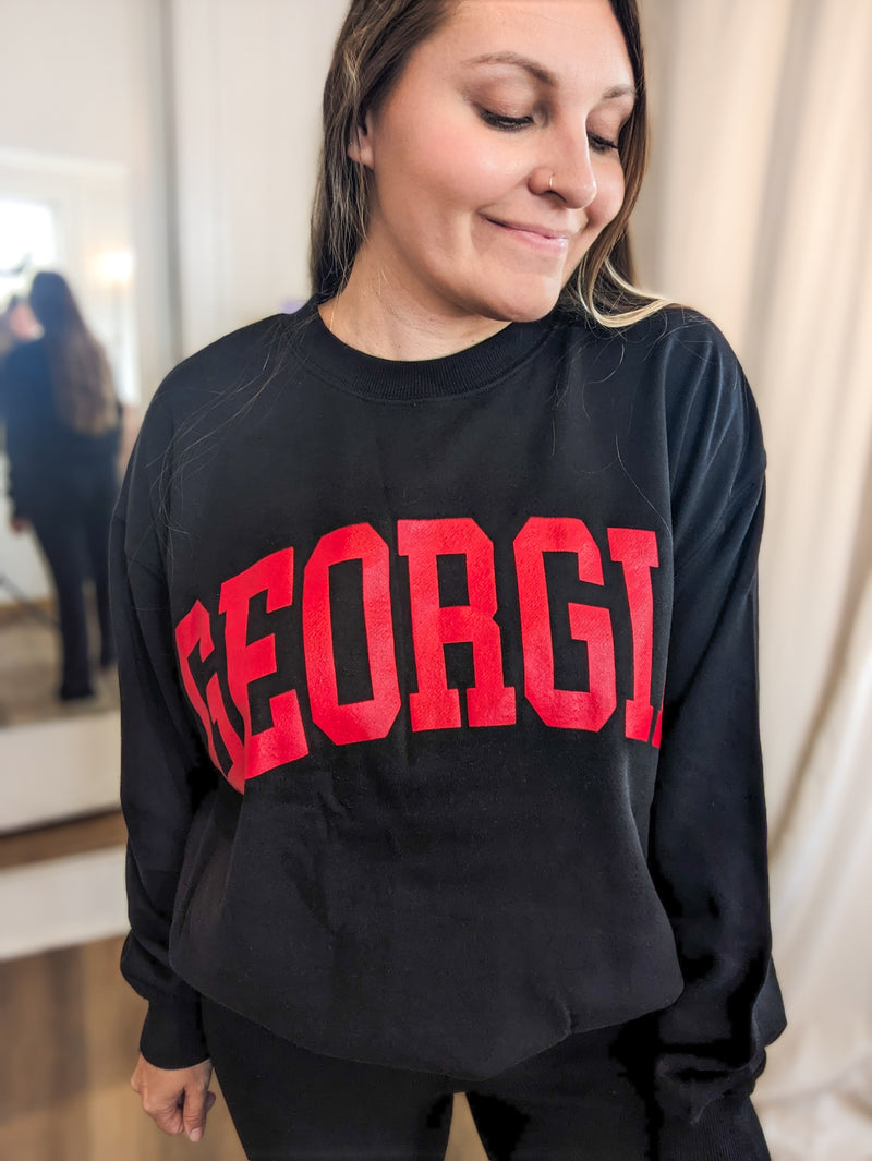 black with red lettering "georgia" sweatshirt