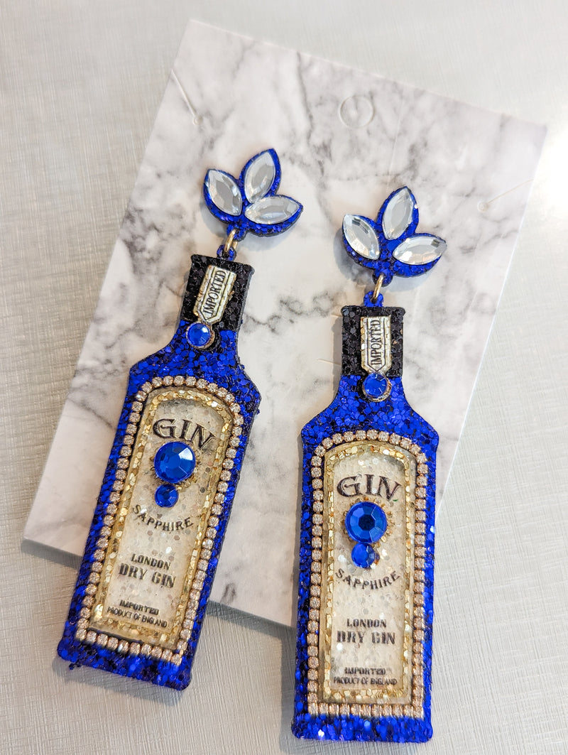 White and blue gin bottle dangle earrings