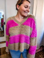 Furry hot pink and camel stripe sweater
