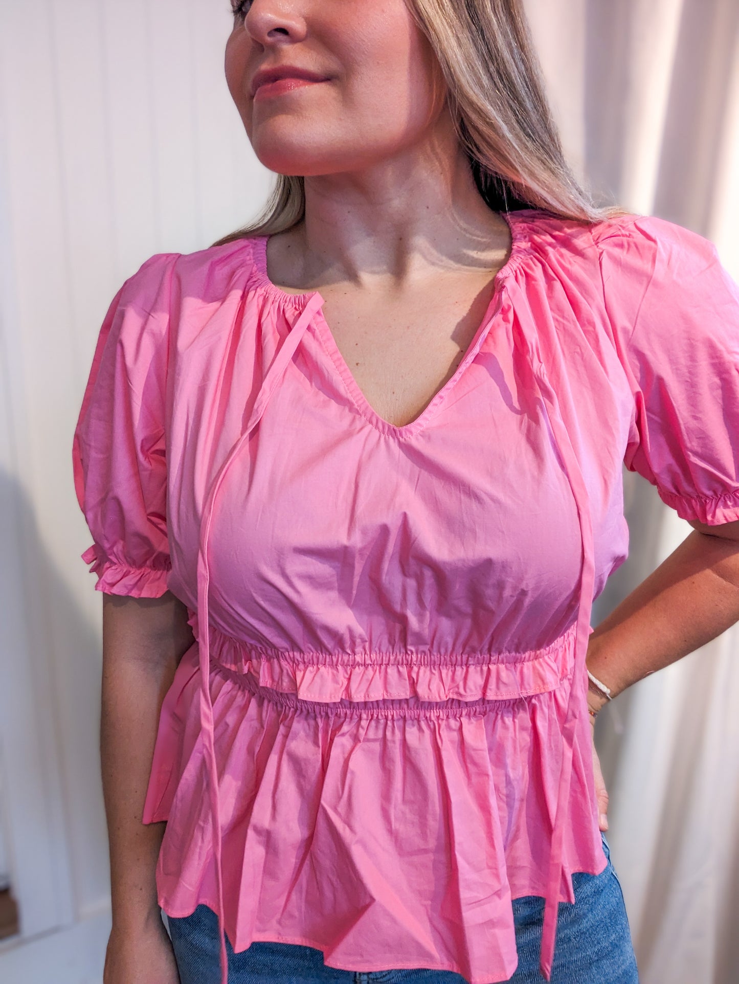 *FINAL SALE* Baby Pink Puff Sleeve Cinched Waist Peplum Top