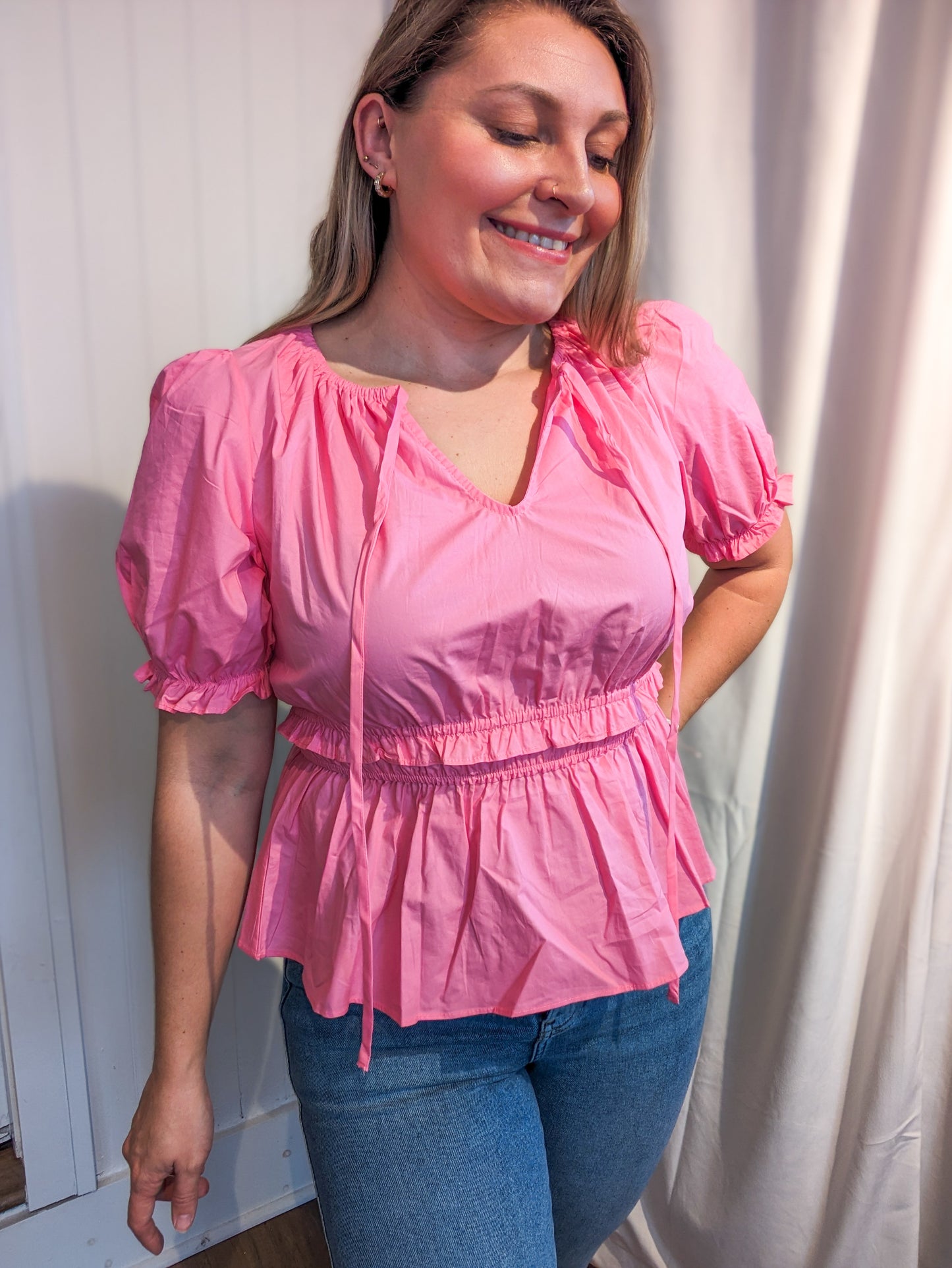 *FINAL SALE* Baby Pink Puff Sleeve Cinched Waist Peplum Top