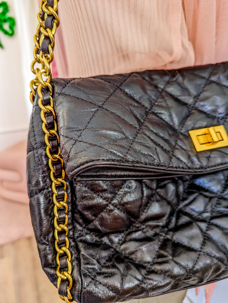 Black Super Soft Quilted Bag with Gold Detailing on Straps