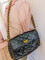 Black Super Soft Quilted Bag with Gold Detailing on Straps
