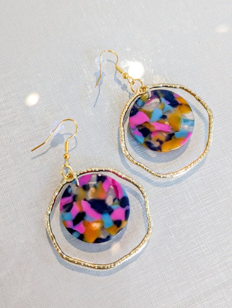 Gold Punchy Multi Color Dangle Round Earrings