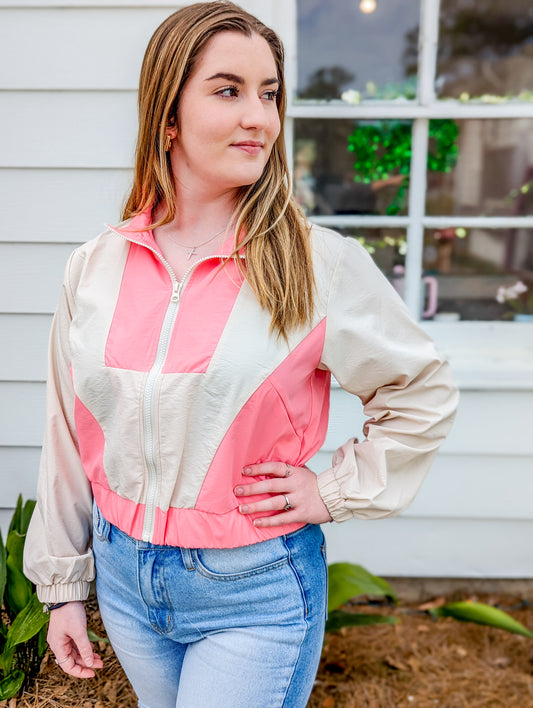 Neon  Pink Color Block and Cream Half Zip Windbreaker