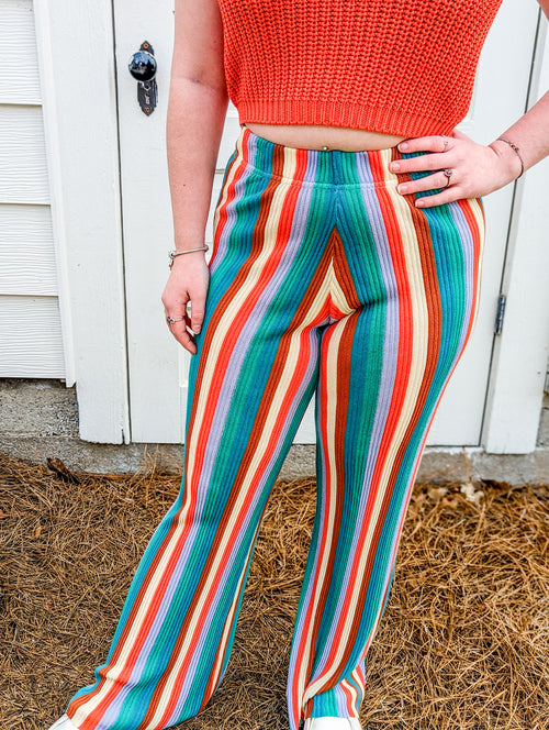 Multicolor Vertical Strip Flare Knit Pants
