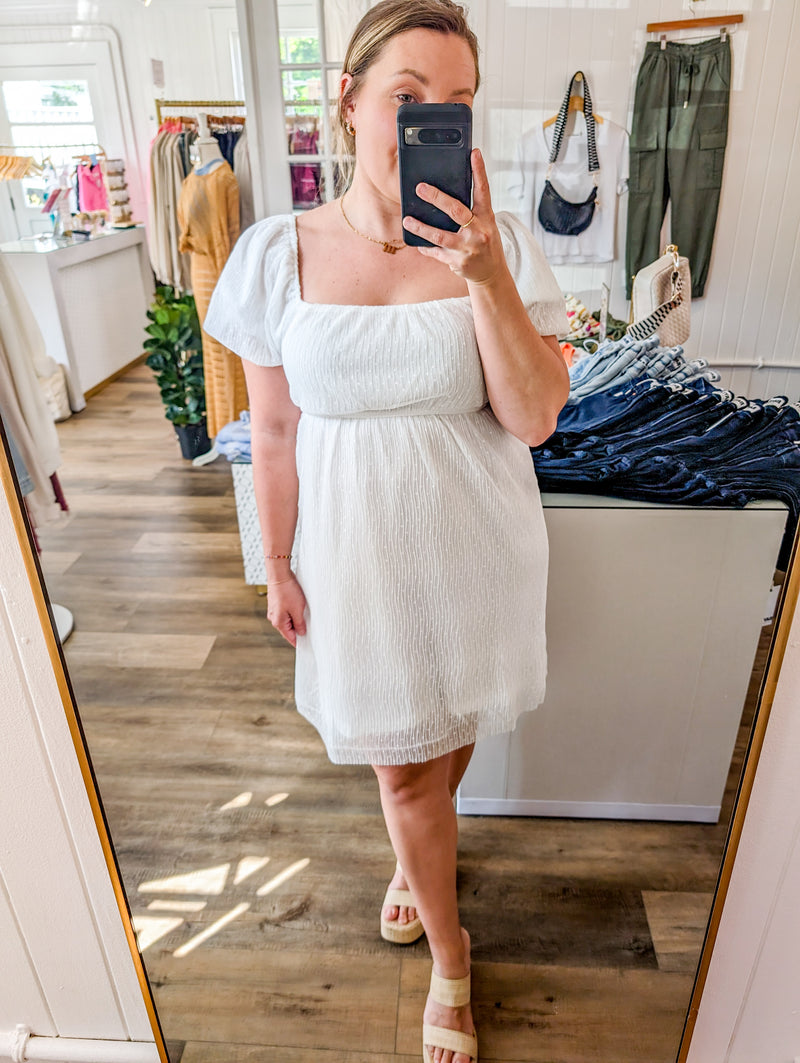 Pleated Mesh-Bubble Sleeve Mini Dress